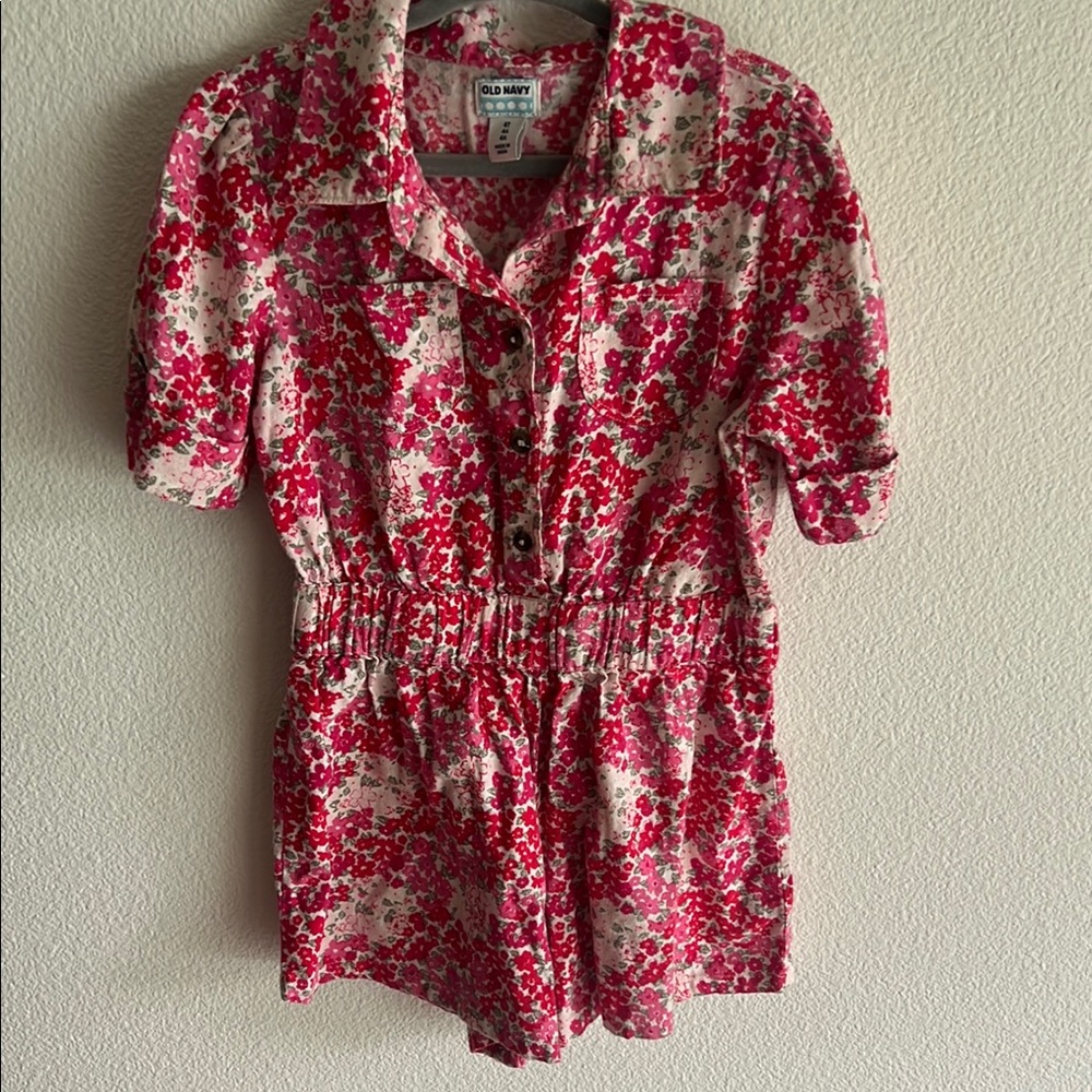 Old Navy Red and Cream Floral Button-Front Romper